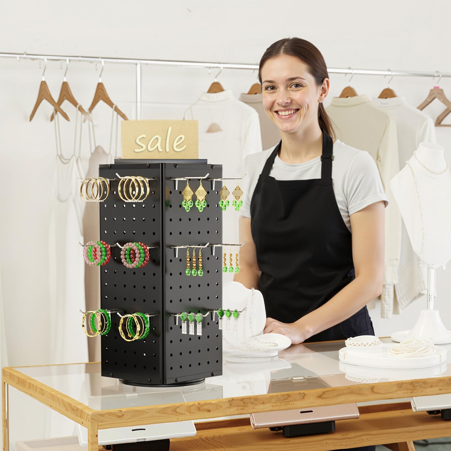 BYCY Rotating Pegboard Display Stand with 30 Hooks,Metal Spinning Peg Board Displays for Craft Shows,4-Sided Jewelry and Accessories Display Racks for Markets,Vendors,Events&Retail Stores (Black)