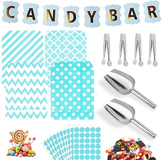 110stück Candy Bar Zubehör,Enthält 100 Candy Bar Tüten Und 4 Zuckerzangen Mit Runder Spitze, 2 Candybar Schaufel Und 3 Aufkleberbögen Sowie 1 Blauen Candy Bar Deko Girlande, Geeignet Für Partys (Blau)