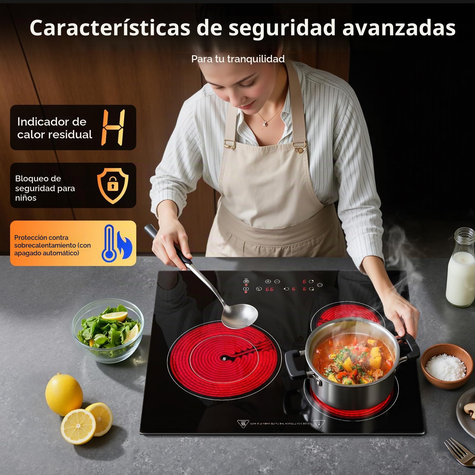 Placa Vitroceramica 3 fuegos 60cm, Control Táctil, 5400W con 9 ajustes de potencia, Temporizador 99 min, Vitrocerámica Eléctrica Negra, Para todas las ollas y sartenes