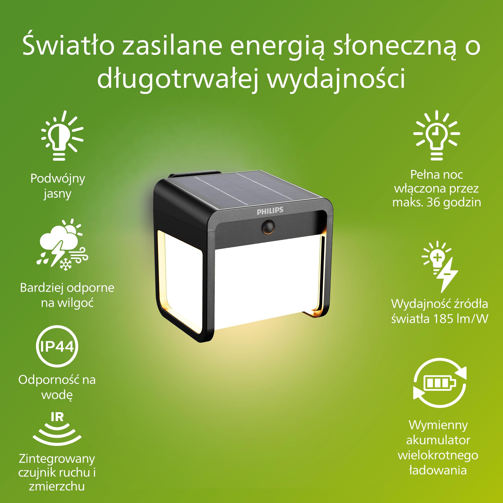 Philips Ezra UltraEfficient Zewnętrzna Lampa Ścienna Solarna z Czujnikiem, 3000K, 250/25lm, Czarna
