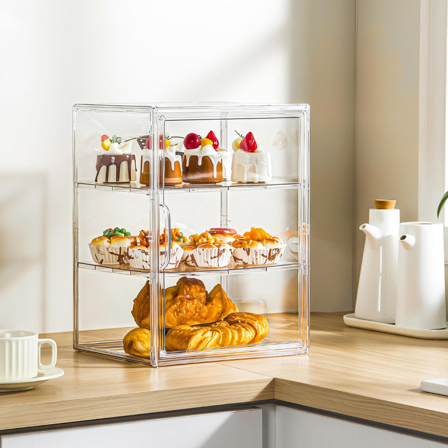 Pastry Display Case, Clear Bread Box, 16x12x10in Bakery Display Case for Kitchen Countertop, Cookie Stand with 2 Removable Dividers for Kitchen Bakeries Home..