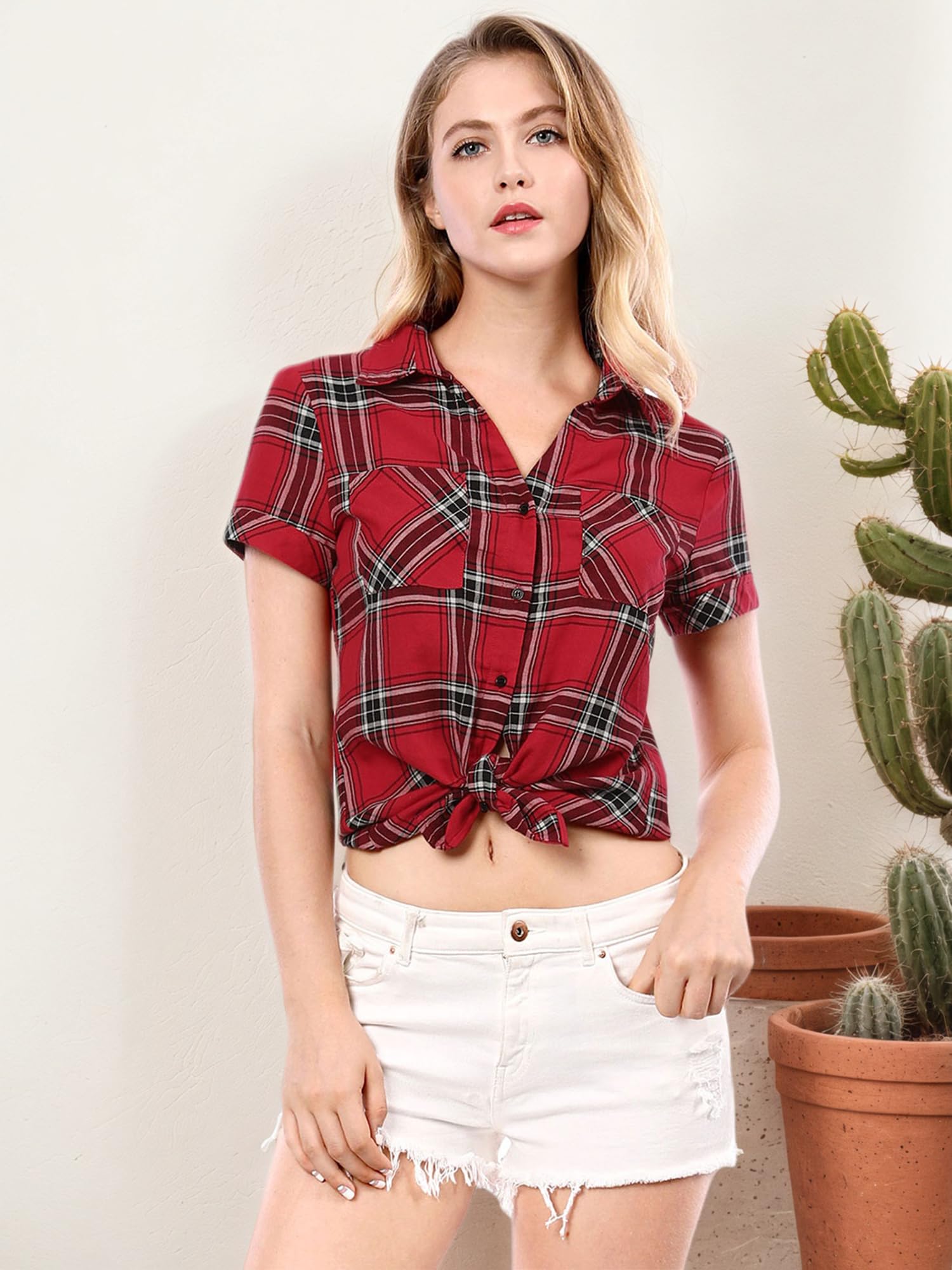 Allegra K Chemise classique à carreaux en coton pour femme - Rouge - Taille 3XL