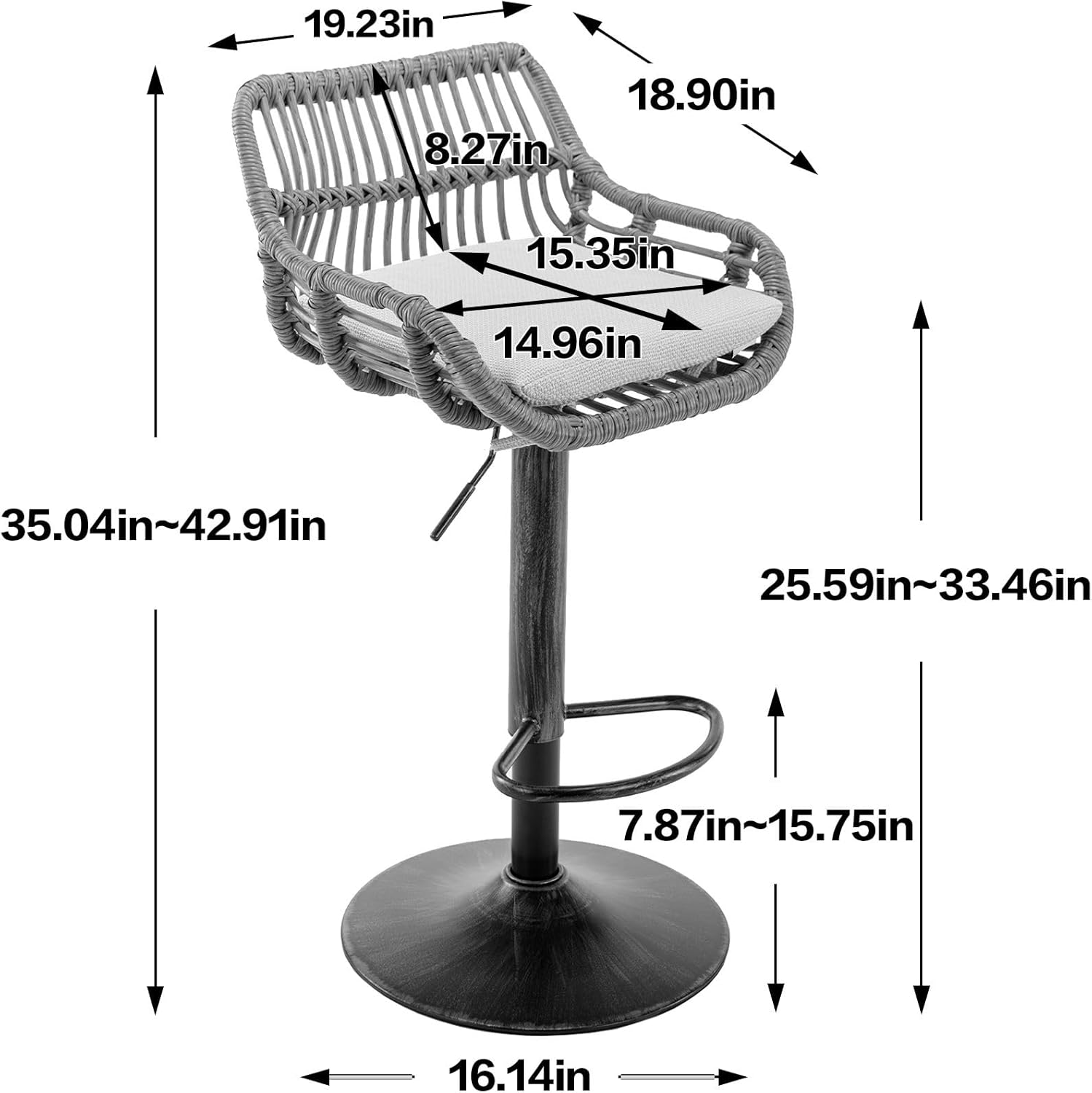 Rhomtree Vintage Barstools Bar Chairs Adjustable Height 360°Swivel Stool with Rattan Black Footrest Kitchen Stools Dining Chairs with Sturdy Frame for Home Bar Island(Orange,Set of 2)