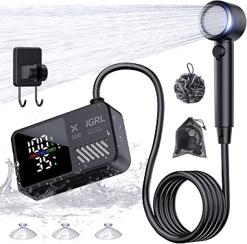 IGRL Portable Shower for Camping, Powerful 10L/Min Water Flow, Rechargeable Shower Pump with Bath Sponge, 4 Spray Modes, IPX8 Waterproof, 7800mAh Battery, Ideal for Hiking, Travel, Pet, Car Wash