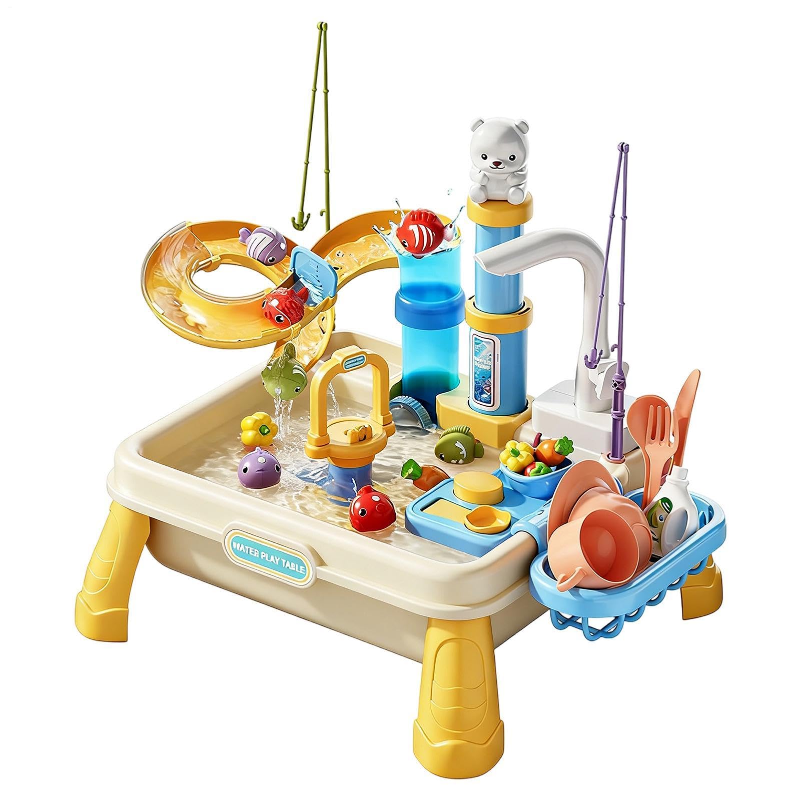 Water Table - 3-Tier Outdoor Sand Water Play Table Toys | Outdoor Sensory Activity Built-In Pump | Beach Pool Backyard Splash Toys | For Boys Girls Ages 4-8 Playroom Daycare Patio Beach Garden Park
