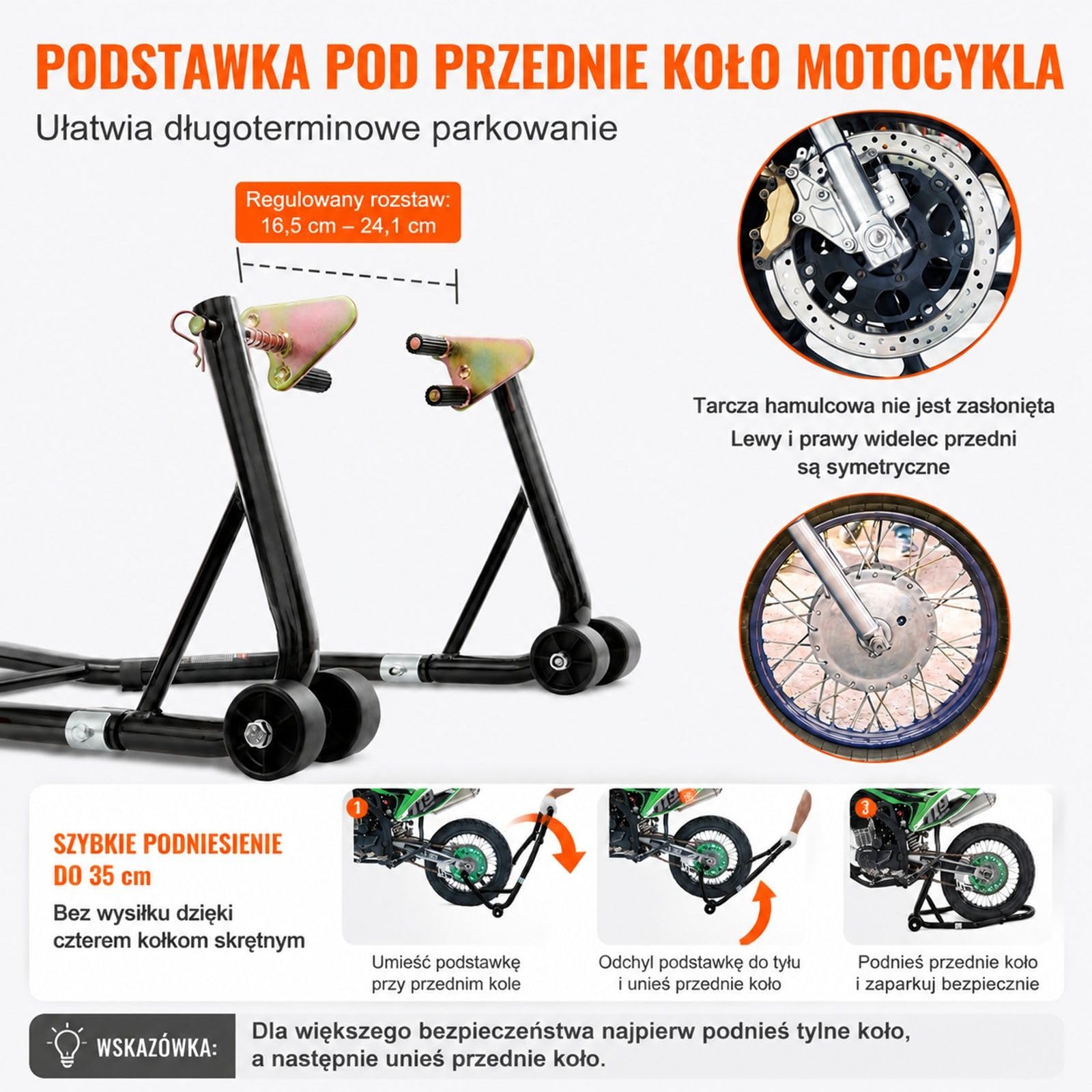 Zestaw stojaków motocyklowych przedni i tylny, stojaki na kółkach, regulowana szerokość, adaptery typu U, L i podwójne głowice widelca do montażu i konserwacji