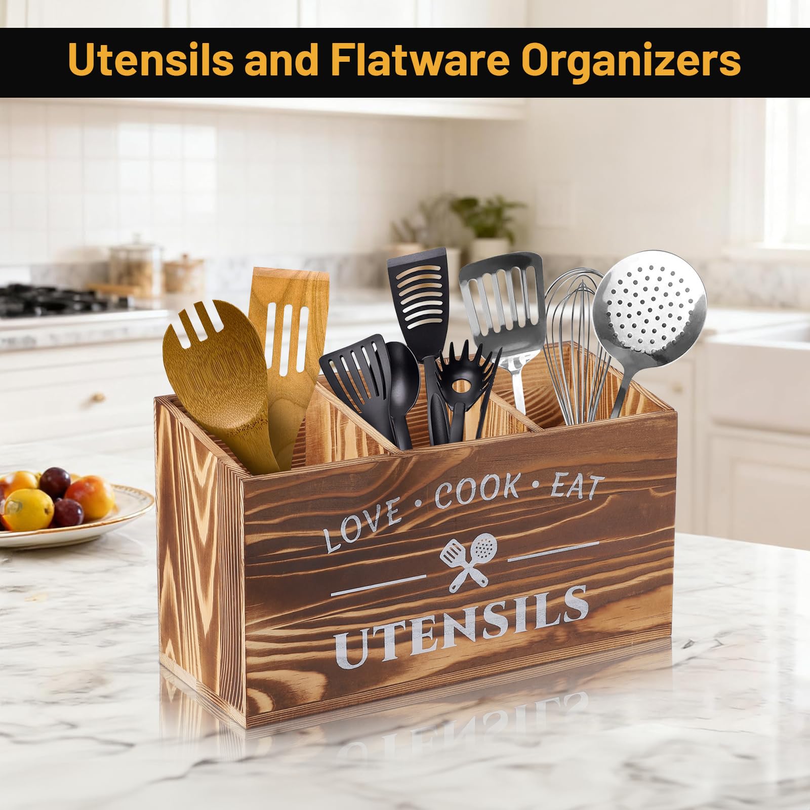LALAGO 3 Scomparti per Utensili da Cucina in Legno, Organizer da Cucina, Portautensili da Cucina in Legno, Organizer per Piano di Lavoro Della, Decorazione Rustico Marrone