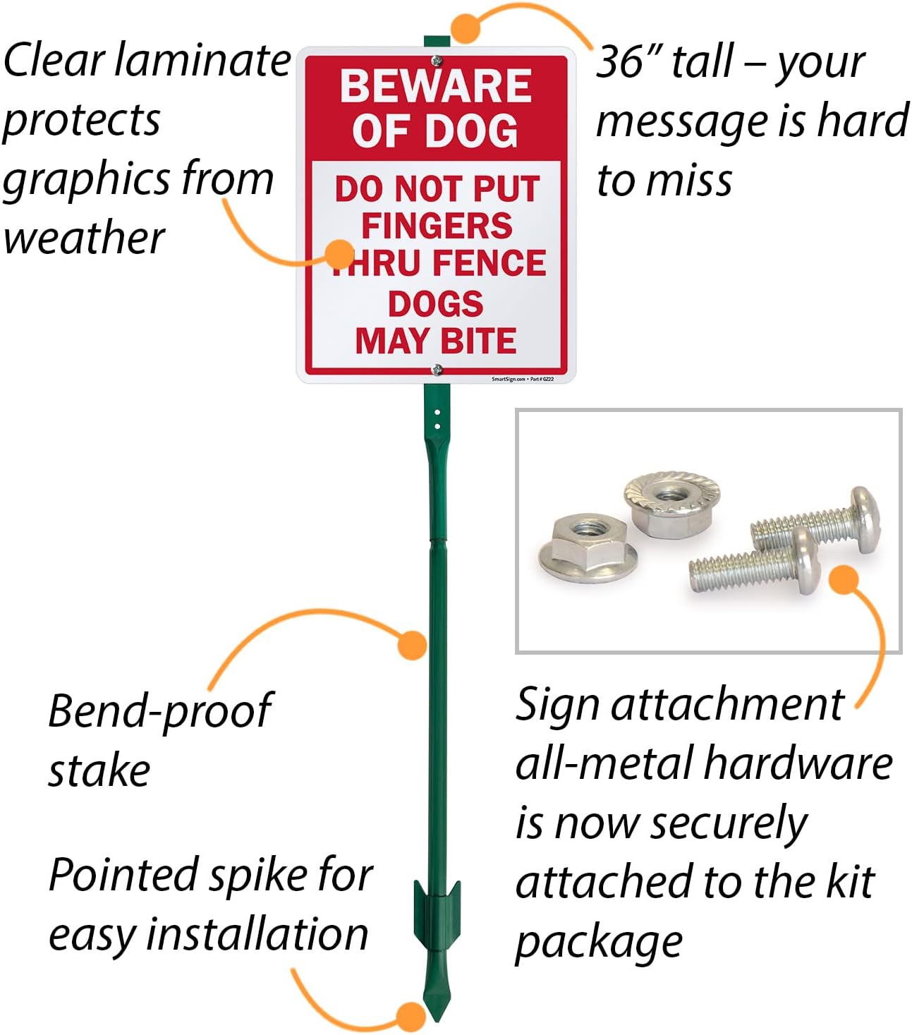 SmartSign 12 x 10 inch “Beware Of Dog - Do Not Put Fingers Thru Fence, Dogs May Bite” LawnBoss Yard Sign with 3 foot Stake, 40 mil Laminated Rustproof Aluminum, Red and White, Set of 1