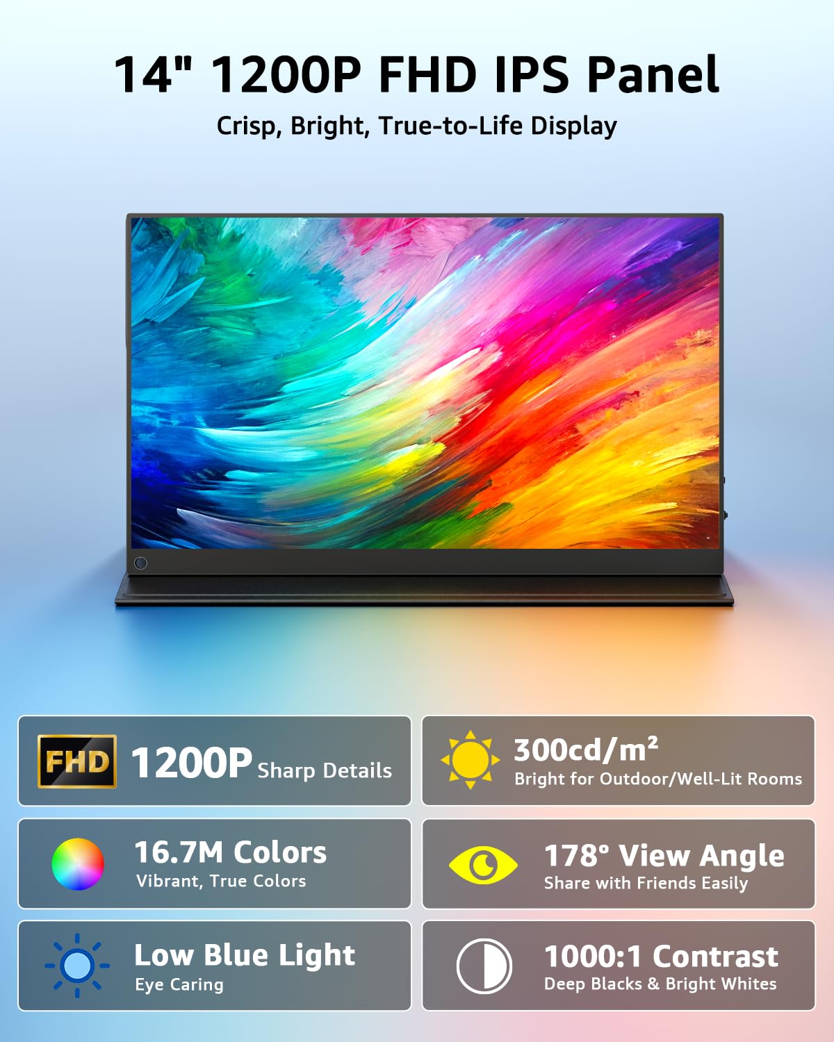 Yodoit Monitor Portatile 14" 100% sRGB Display IPS FHD 1920x1200P | Secondo Schermo Esterno per laptop con Connettività USB-C e HDMI, con Altoparlanti e Custodia, Compatibile con PC, Mac, PS e Xbox