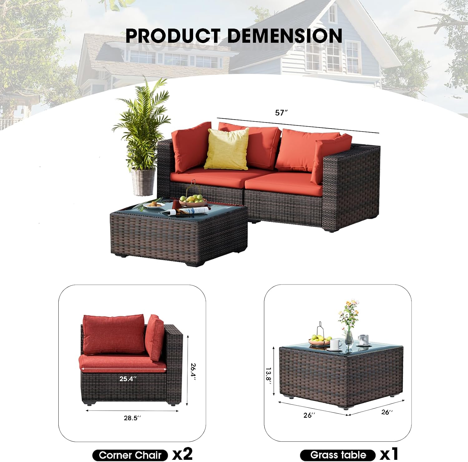3 Piece Patio Furniture Set All Weather PE Rattan Outdoor Sectional Sofa Couch with No-Slip Cushions and Glass Top Table for Garden, Poolside, Backyard (Red)
