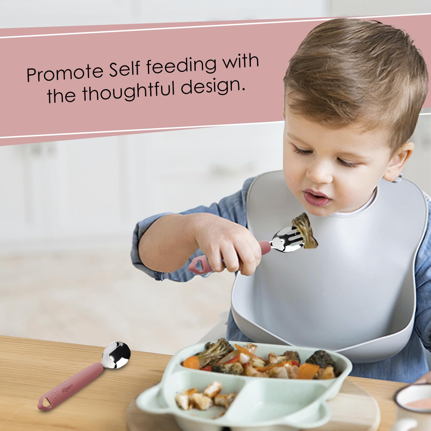 Cubkins Stainless Steel Spoon, Fork Set with Silicone Handle & Early Feeding Bendable Training Spoon for Feeding Babies & Toddler | BPA Free and Safe for Kids (Raspberry)