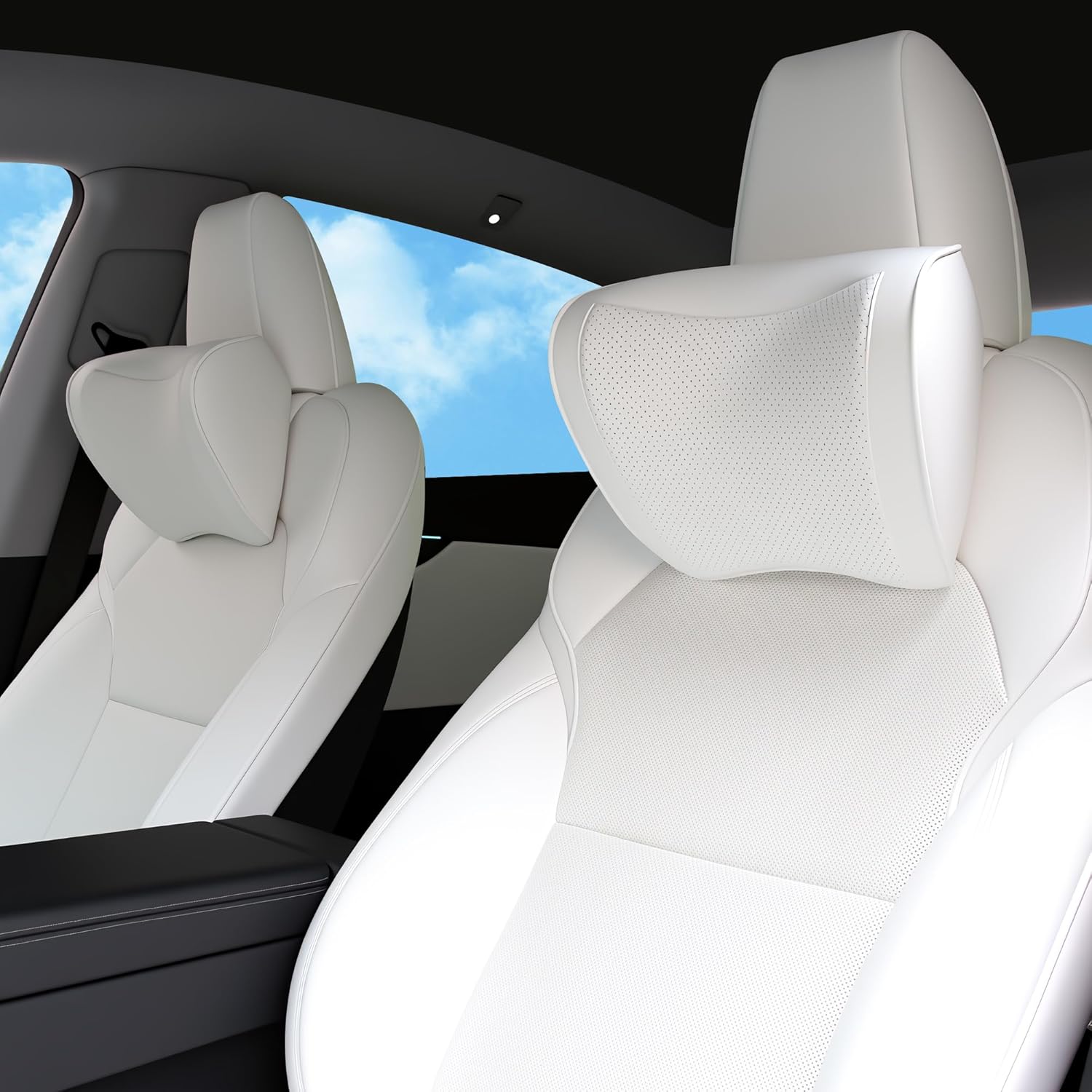 Dapucarin Car Headrest Pillow 100% Memory Foam, Breathable Removable Leather Cover, Premium Seat Support Head Neck Cushion for Driving Travel Home Office, White, 2 Pack