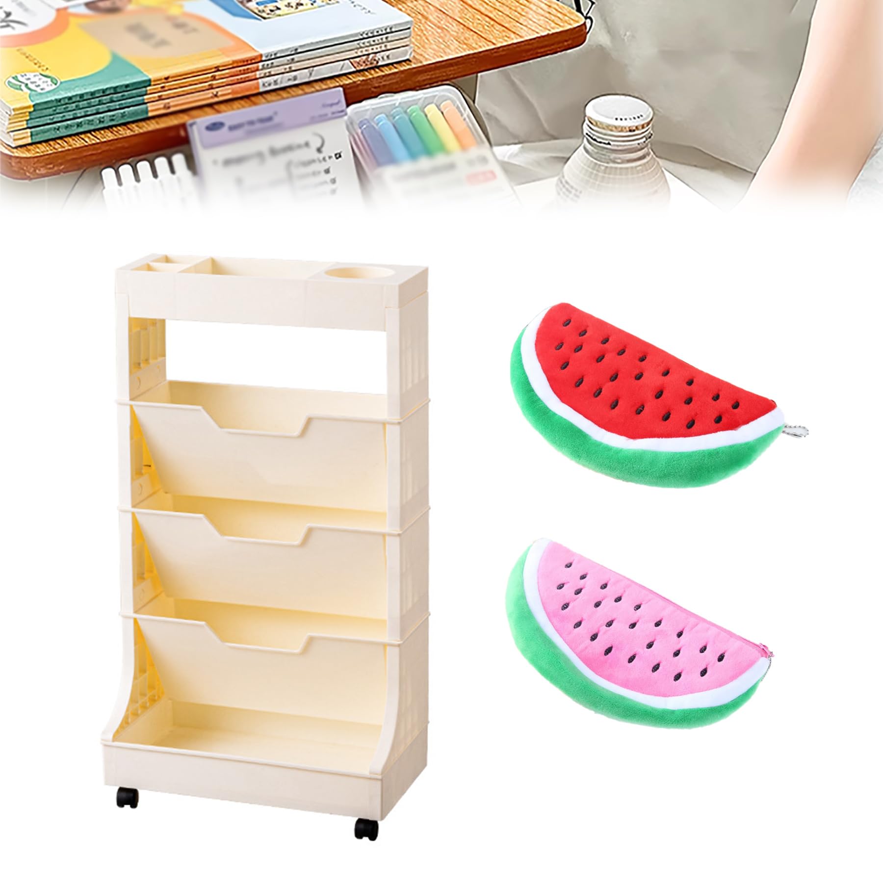 TUOYIBO Cute Rolling Cart with Shelves, 5 Tier Book Storage Shelf, Mobile Bookshelf with Wheels, Mobile Bookshelf for Classroom Desk, Plastic, 5 Tiers