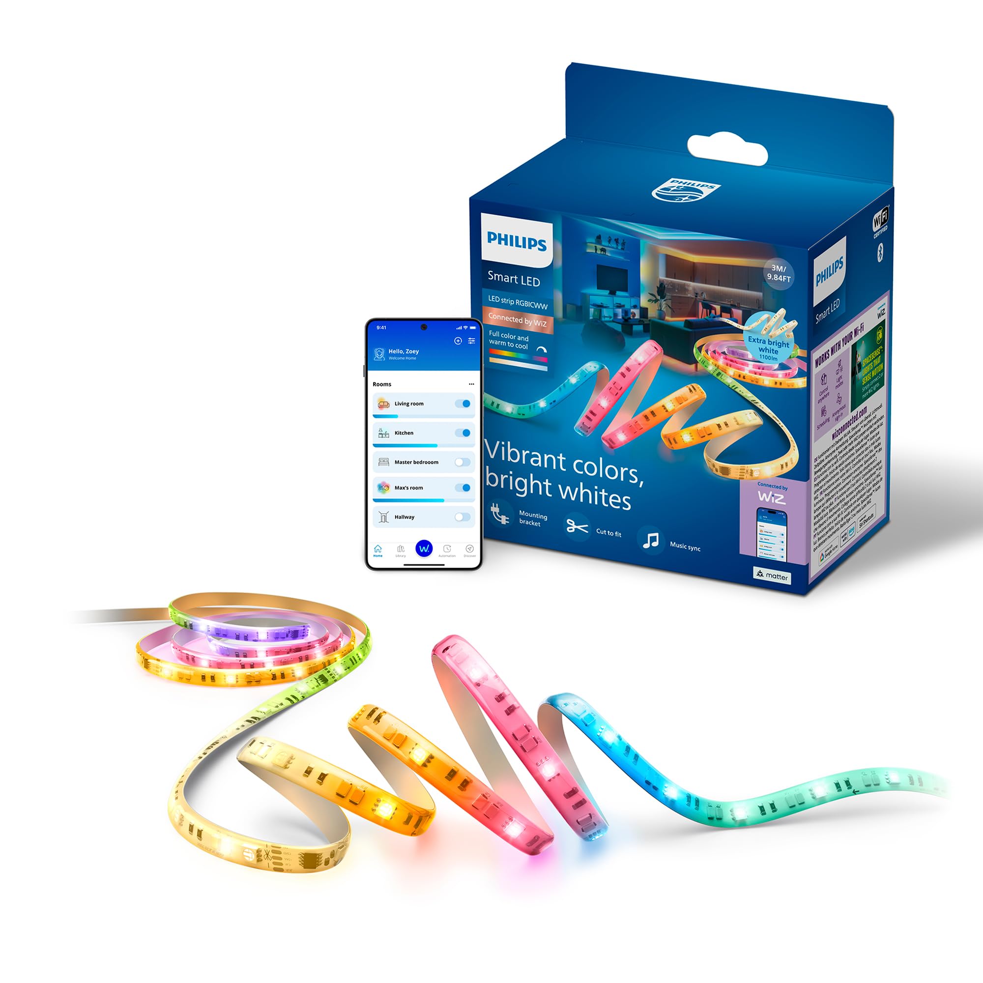 Philips Smart Lighting RGBICWW-LED-Streifen, 3 m, Typ C, Mehrfarbige Farbverläufe, Einstellbares Weißlicht, Ambientes Licht, Connected by WiZ, Alexa, Google Home, Apple Home, 1er-Pack
