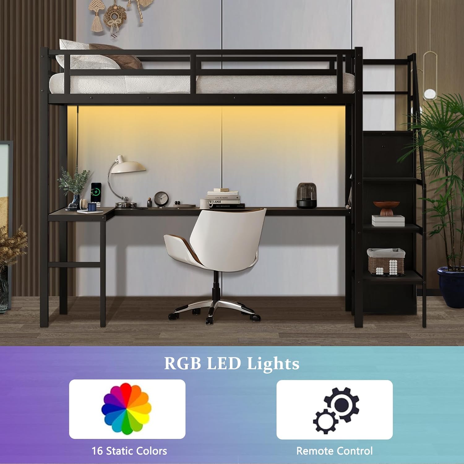 Twin XL Metal Loft Bed with Desk, Wardrobe & Stairs – Heavy Duty Frame with LED Lights & Charging Station, Space-Saving Design for Teens & Adults (Black, Twin XL)