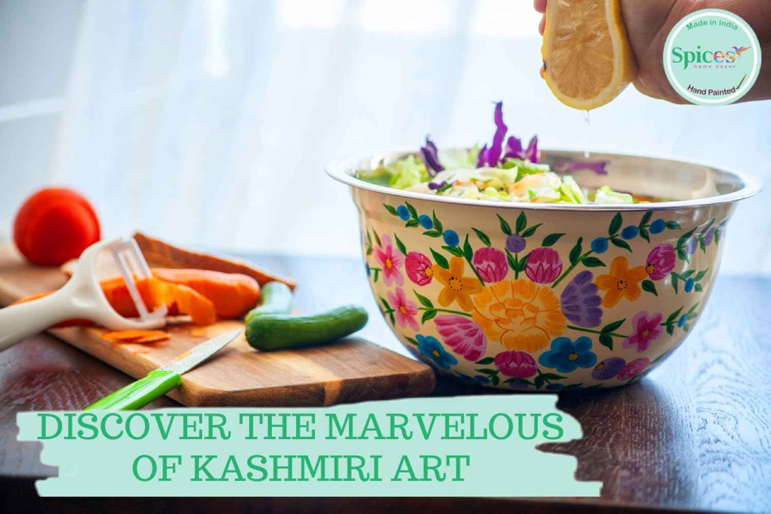 Review Discount Hand Painted Stainless Steel Bowl – Large Salad Bowl and Fruit Bowl, Mixing Bowl and Serving Bowl – Decorative, Handmade Floral Traditional Kashmiri Art Bowl for Home Decor, 10” Diameter. (Cream)