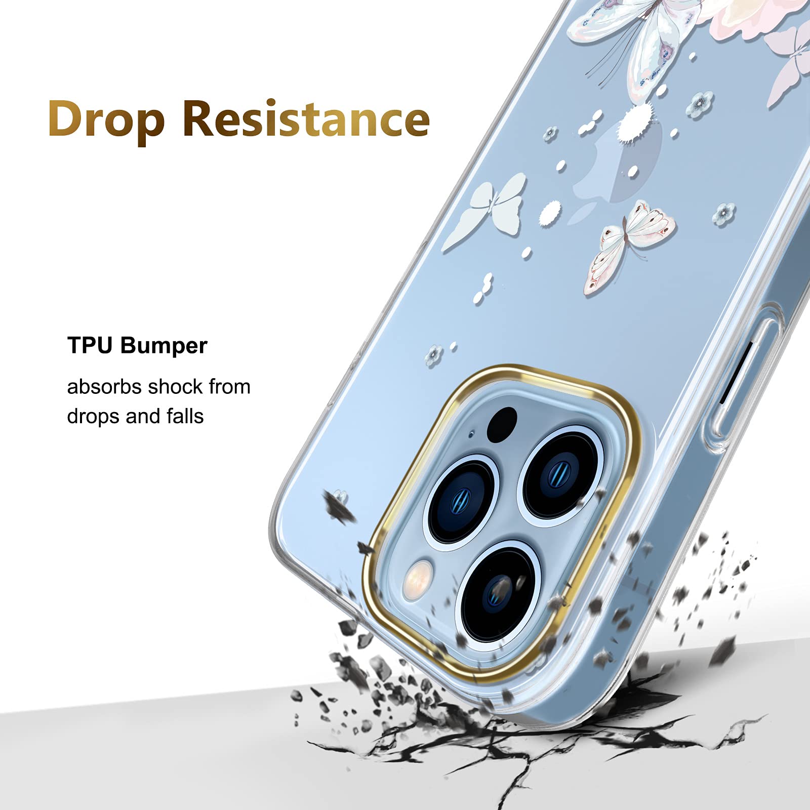 JAHOLAN - Funda Transparente Compatible Con IPhone 13 Pro Con Flores, Para Niñas Y Mujeres, A Prueba De Golpes Con Patrón Floral Con Purpurina, Carcasa Rígida Para Teléfono De 6.1 Pulgadas 2021