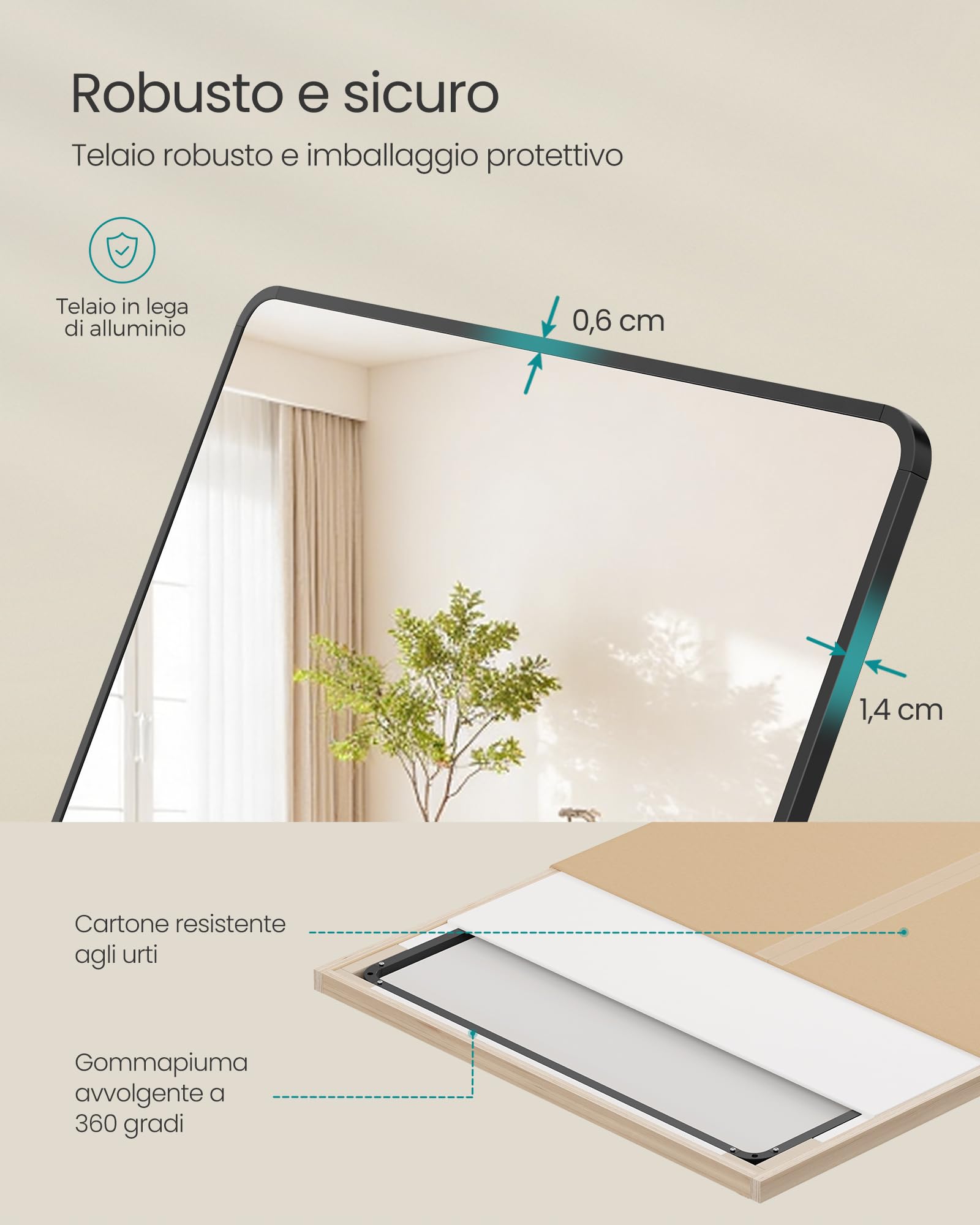 SONGMICS Specchio a Figura Intera, 165 x 60 cm, Specchio da Terra Rettangolare con Supporto, Cornice in Lega di Alluminio, Vetro Temperato, Camera da Letto Soggiorno, Nero Inchiostro LFM038BD01