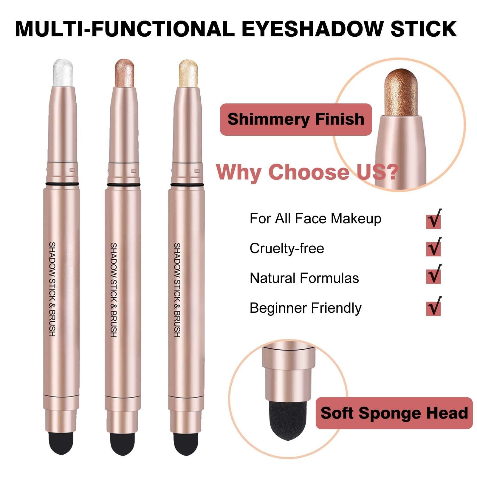 SAUBZEAN Sombra de ojos marrón en barra de maquillaje, iluminador en crema, lápiz de sombra de ojos, impermeable, hipoalergénico, de larga duración, crayón mate, paleta de imprimación con purpurina,