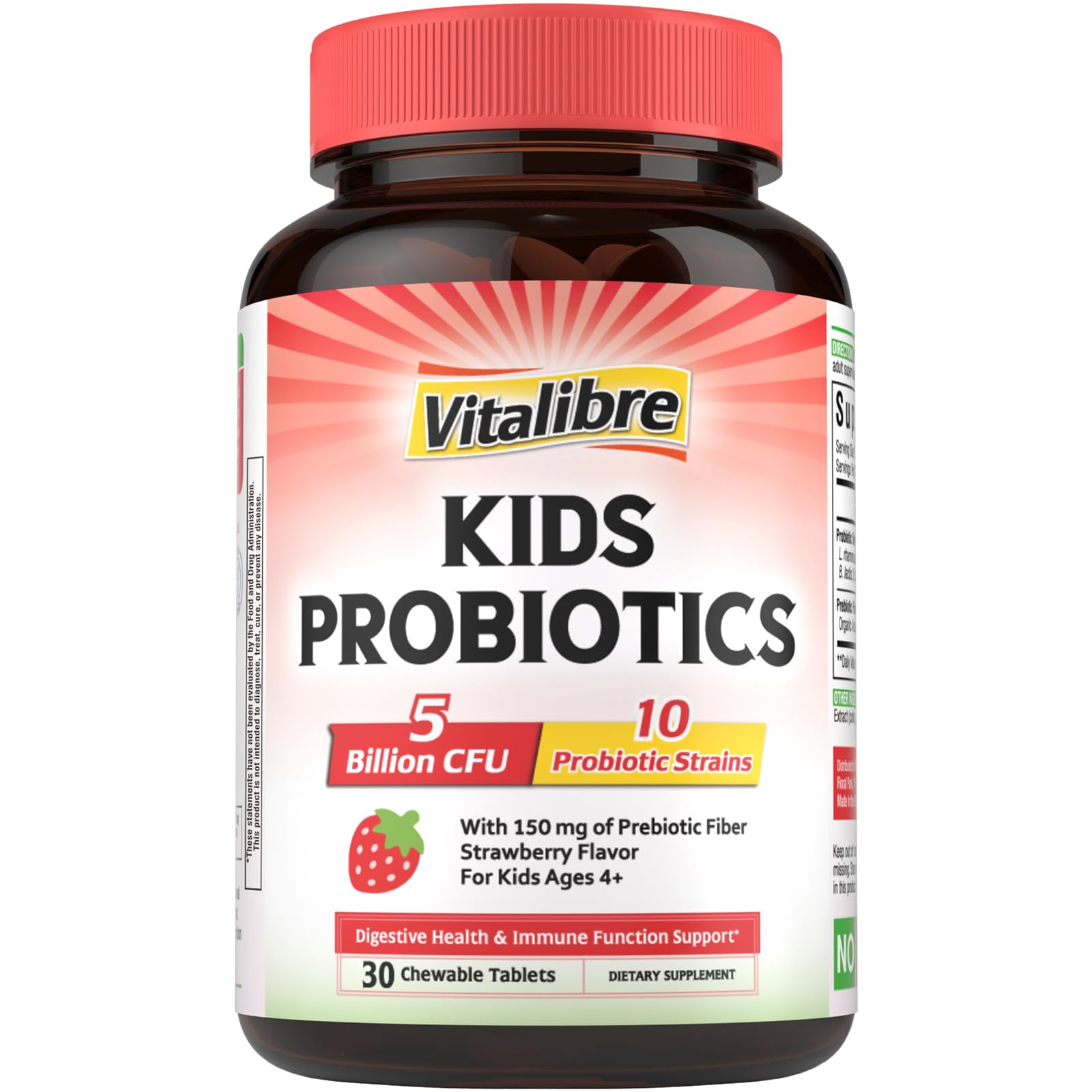 Kids Probiotics Chewable, 5 Billion CFU, 10 Probiotic Strains, Ages 4+ Strawberry