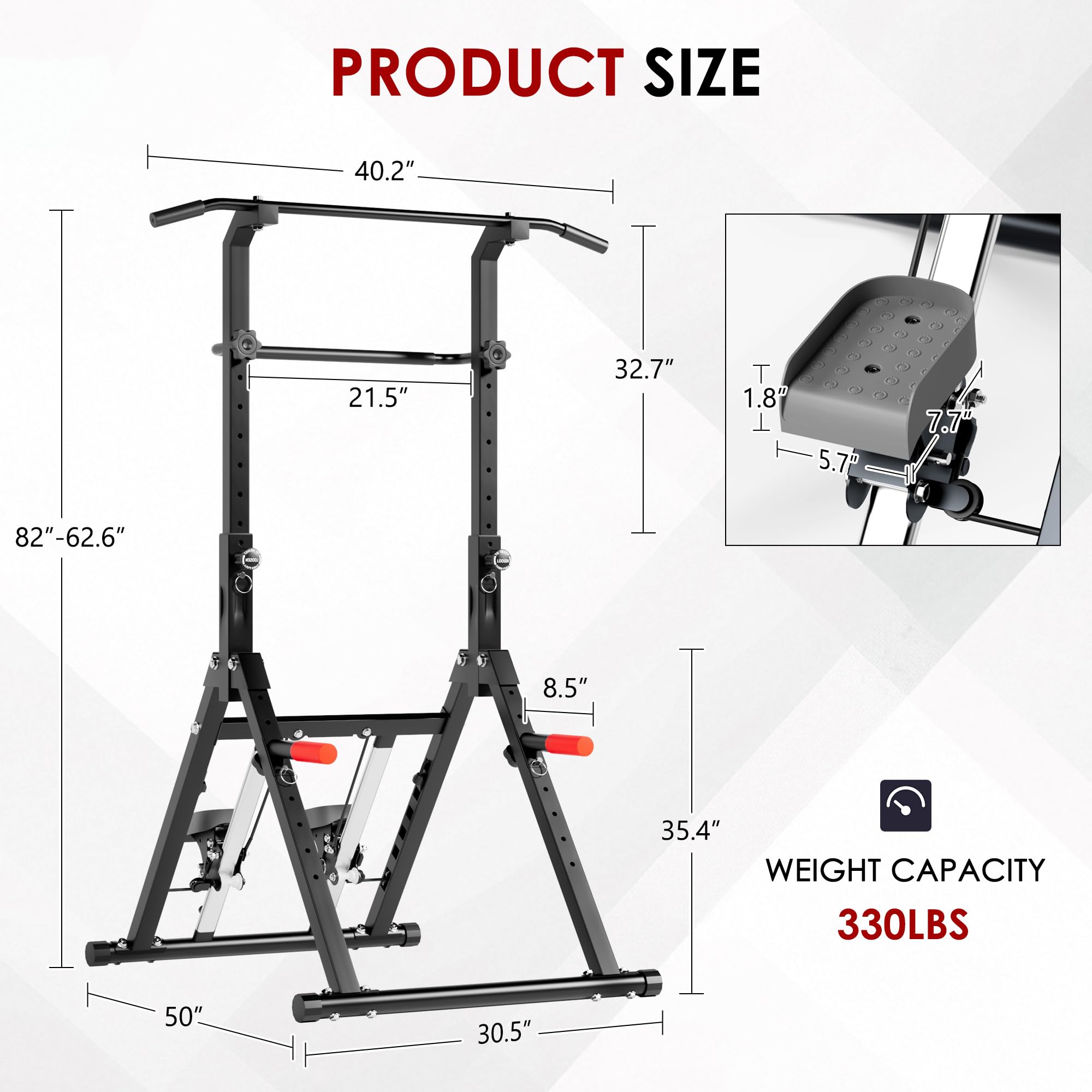 Höhenverstellbare Kraftstation Multistation mit Klettertrainer, Fitnessturm Klimmzugturm mit Stepper, 150kg Traglast Dip Station Klimmzugstation Sportgerät Heimtraining, 77,5×126×159–208cm