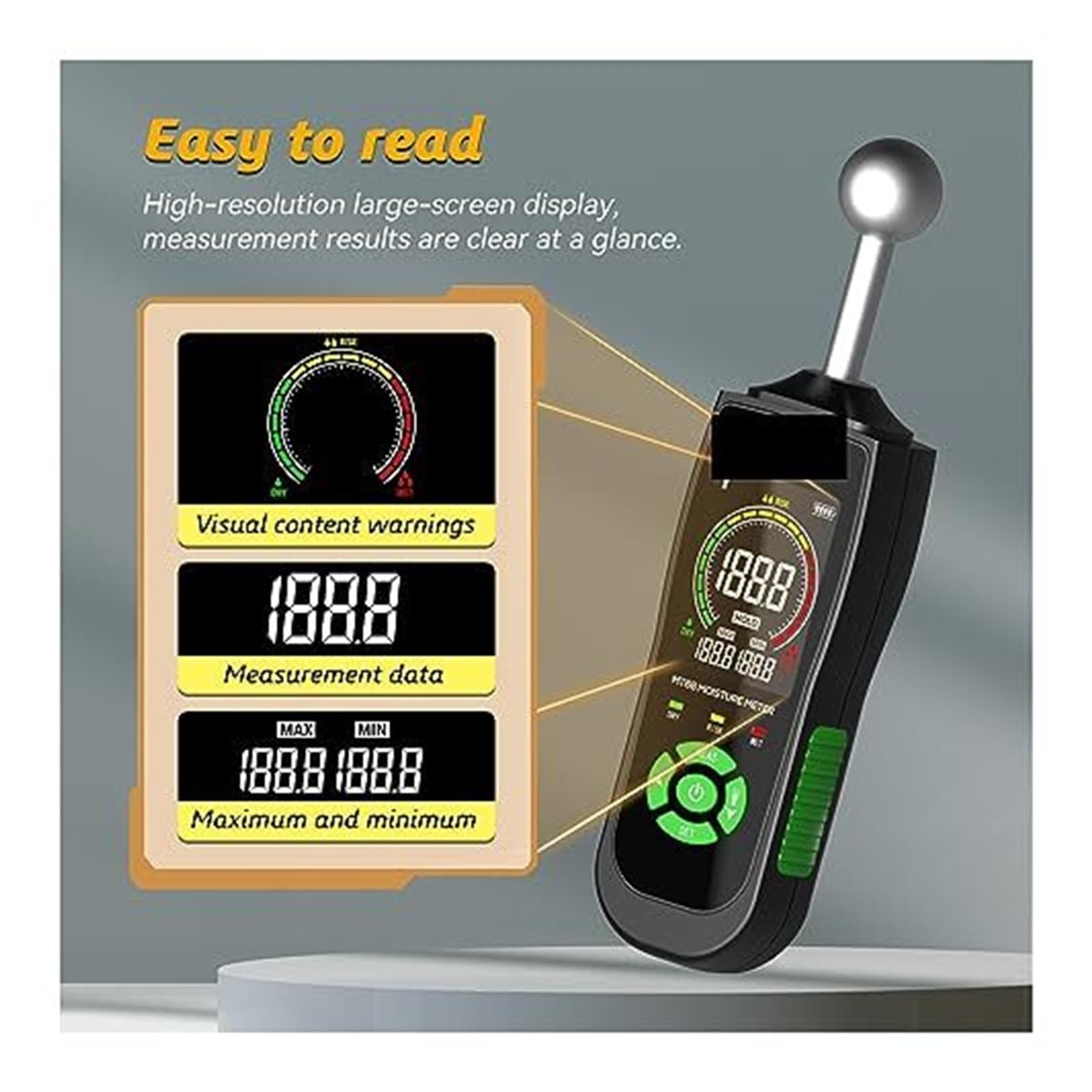 Misuratore digitale di umidità del legno MT68 Rilevatore senza contatto con schermo LCD e allarme