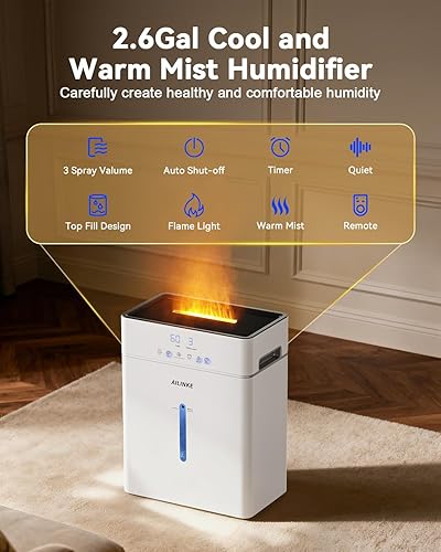 Miniatura 3 de ALINKE - Humidificadores para habitación grande de 10L2.64 galones, humidificador de niebla cálida y fría, luz humidificadora de llama simulada,