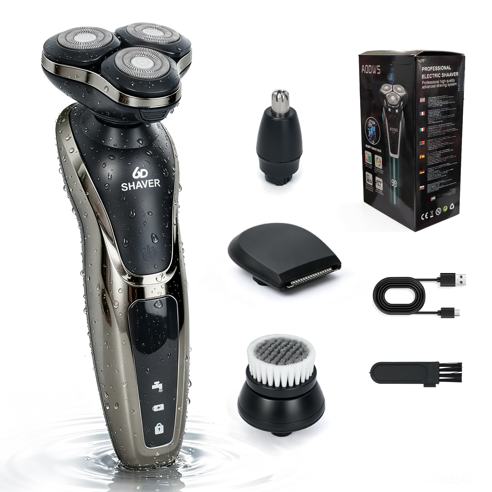 4-in-1 Electric Razor for Men, 9999 RPM High-Speed Electric Shaver with 6D Floating-Head, 90-Minute Long-Lasting, IPX6 Waterproof, LED Display, Wet/Dry Shaver with Nose Trimmer Sideburns Trimmer Face