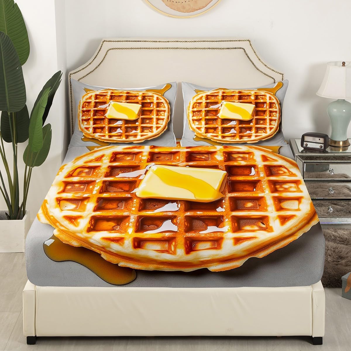 Erosebridal Waffles Bed Sheet Food Theme Fitted Sheet for Boys Girls Teens,Cream Dessert Sheet Set Novelty Funny Biscuit Bed Cover Soft Cozy Bedroom Decor Twin Size