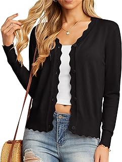 Women's Cardigans Knit Long Sleeve V Neck Button Down Lightweight Ladies Scalloped Shrugs Jumper Cardigan for Dress Summer Evening Wedding