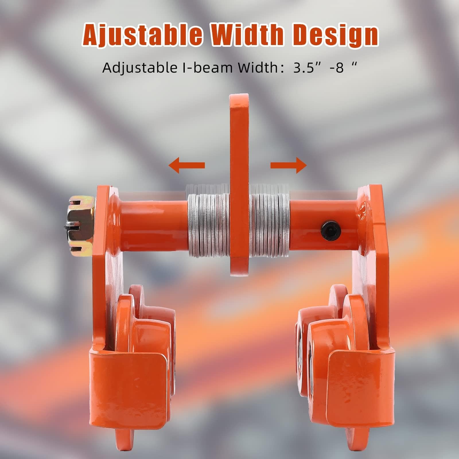 Carro Manual para Vigas - Capacidad 2 toneladas (4400 lbs) - Ruedas Dobles de Acero aleado - Ancho Ajustable de 3.5 a 8 Pulgadas para perfiles I - Uso intensivo en talleres y garajes - Tamaño 2T