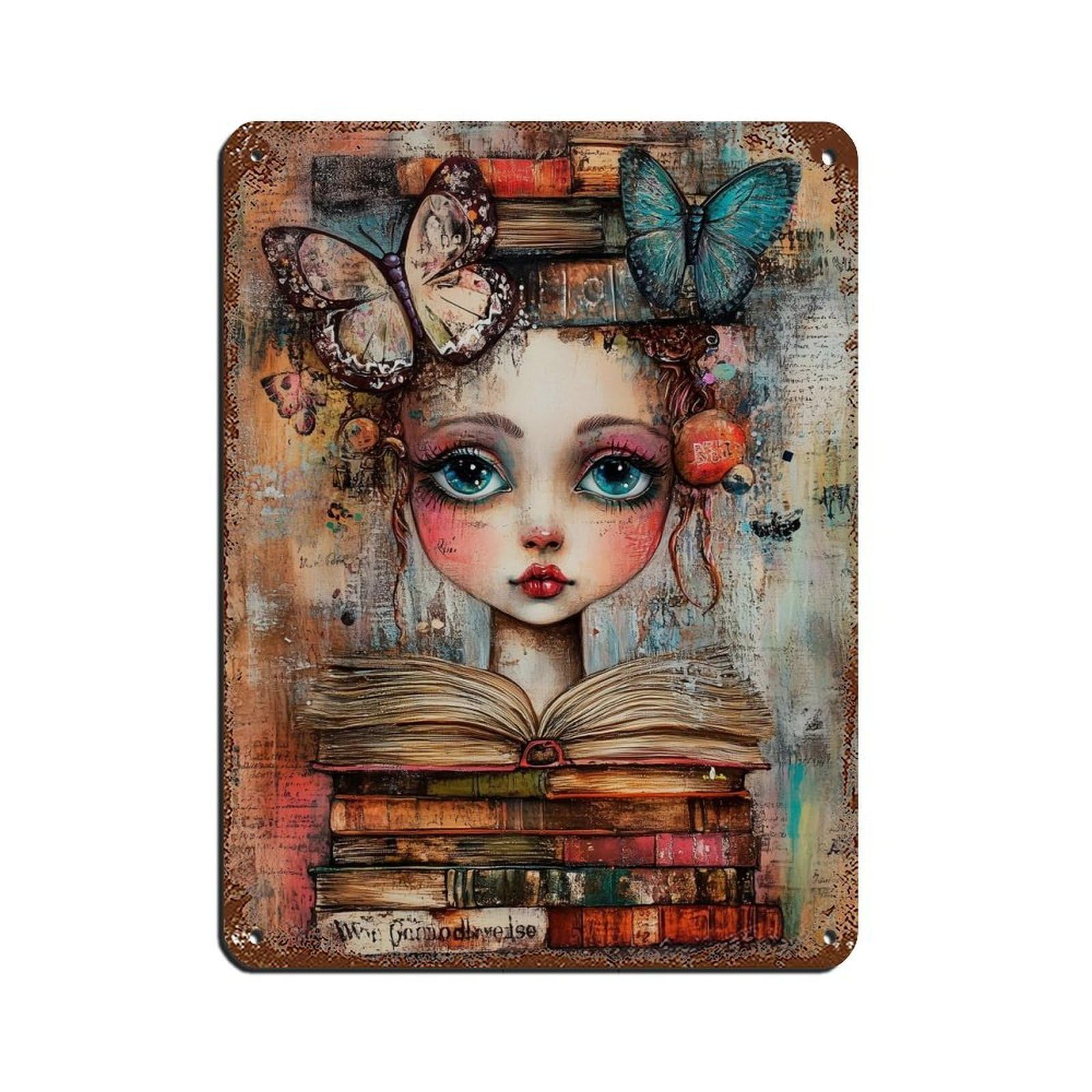 Whimsical Book Lover Art, Girl Reading Painting Tin Sign Vintage Metal Pub Club Cafe Bar Home Wall Art Decoration Poster Retro 12x16inch(30x40cm)