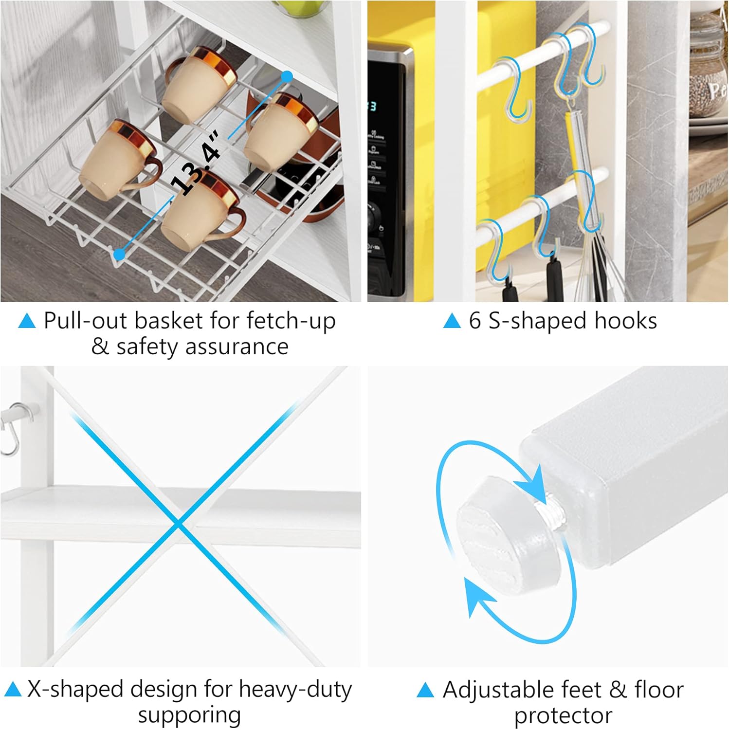 Tribesigns 35.5 inches Kitchen Baker’s Rack Microwave Oven Stand, Industrial Kitchen Cart Utility Storage Shelf Organizer Coffee Bar with Wire Basket and 6 Hooks (White) - Standing Baker's Racks
