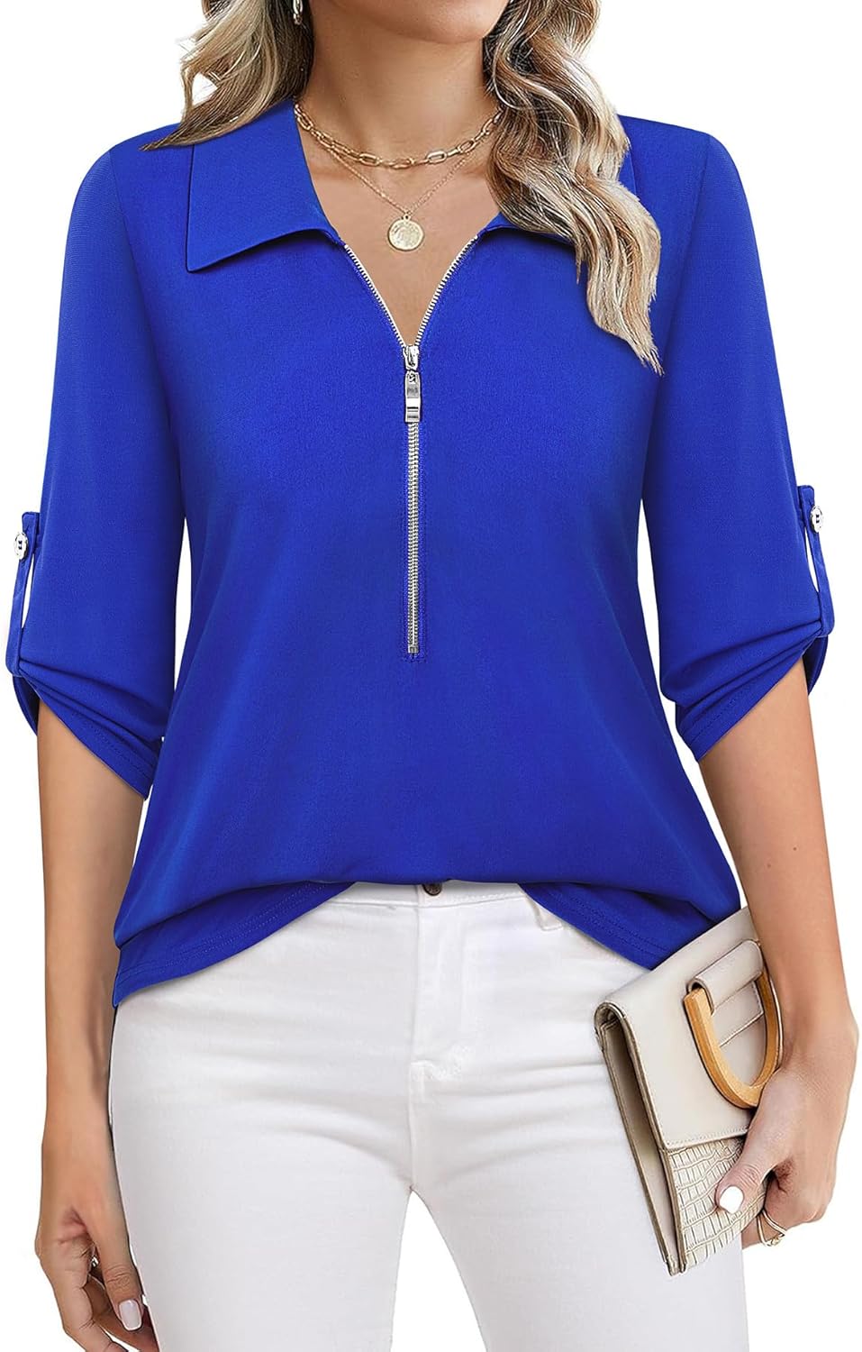 Bulotus Womens 3/4 Sleeve Tops Dressy Casual Shirts Work Business Zipper Blouses Collared Long Tunic 2026 Spring Summer