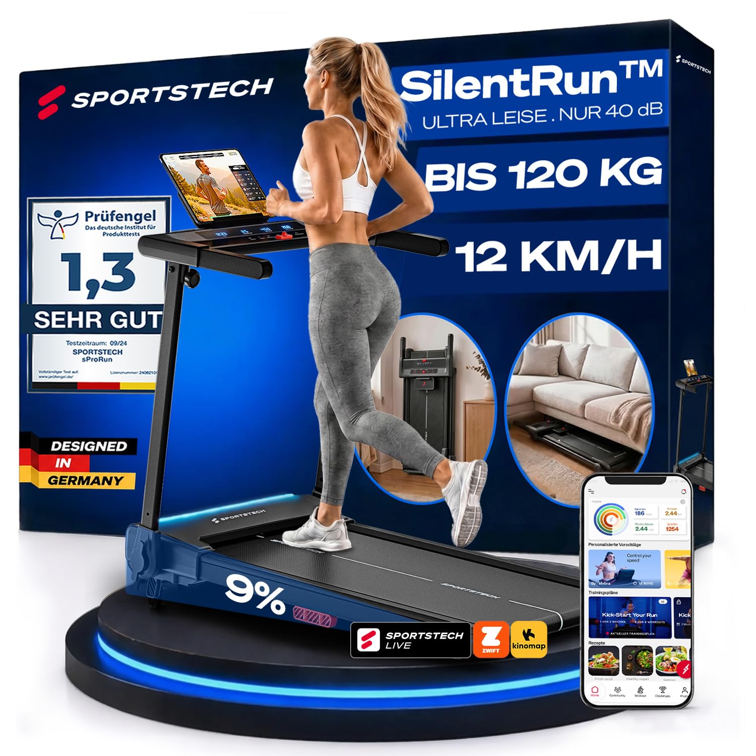 Sportstech Elektrisches Laufband - Klappbar mit 9% Steigung - Stabil bis 120 kg