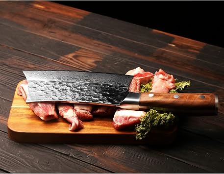 YOUSUNLONG Chopper Knife 7 Inch Meat Cleaver Butcher Axe Bone Chopper - Heavy Duty - Japanese Damascus thickened stainless steel - Natural Walnut Wood Handle