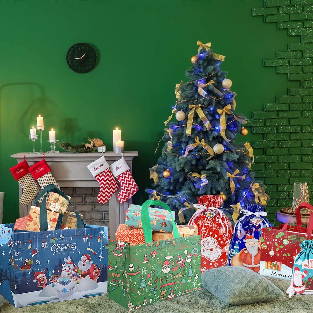 Confezione da 12 sacchetti di Natale grandi per regali, riutilizzabili, sacchetti regalo natalizi con manico, include 4 extra large da 43,2 cm, 8 grandi 33 cm, sacchetti per la spesa in tessuto