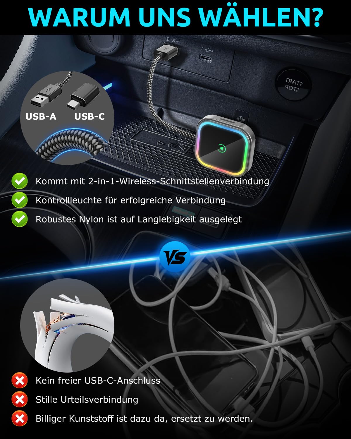 ESSGOO CarPlay Wireless Adapter für Apple,Android Auto Kabelloses Car Bluetooth WiFi Adapter USB C/A für iPhone iOS 10+,Android 11+,Plug und Play,Mini,Sprachgesteuerte Farbige RGB LED Leuchten