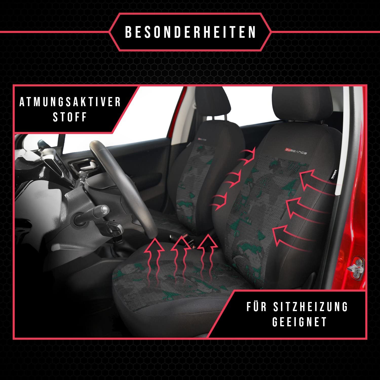 3er Set Autositzbezüge PKW universal | Auto Sitzbezüge Polyester Grün für Airbag geeignet | für Vordersitze und Rückbank | 1+1 Autositze vorne und 1 Sitzbank hinten teilbar 2 Reißverschlüsse