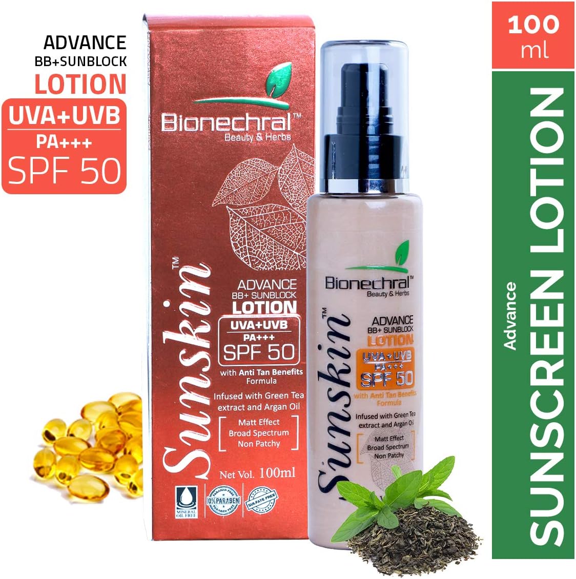 Bionechral Sunskin Advance BB+ Sunblock Waterproof Lotion 100ml - SPF 50 PA +++ Broad Spectrum UVA &UVB Protection (No Mineral Oils, No Parabens, No Sulphates) Anti Tan Benefits - enriched with Green Tea & Argan Oil
