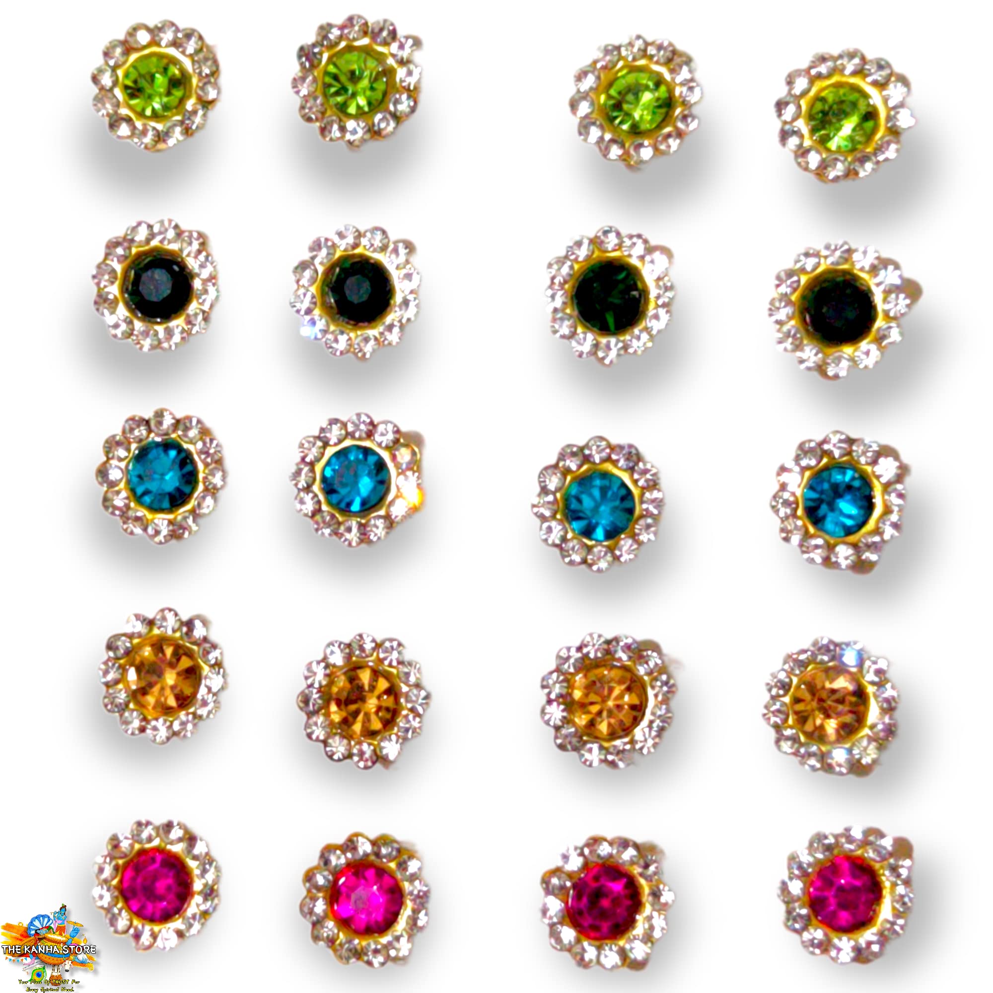The Kanha Store Multicolor Sticking Rhinestone Bindi Set of 12 Pairs & Free Wax Glue – for Tops, Toering, Chin, & Ring of Laddu Gopal Radha Krishna & Devi Idol | Brij Sugandha (Small)-image-16