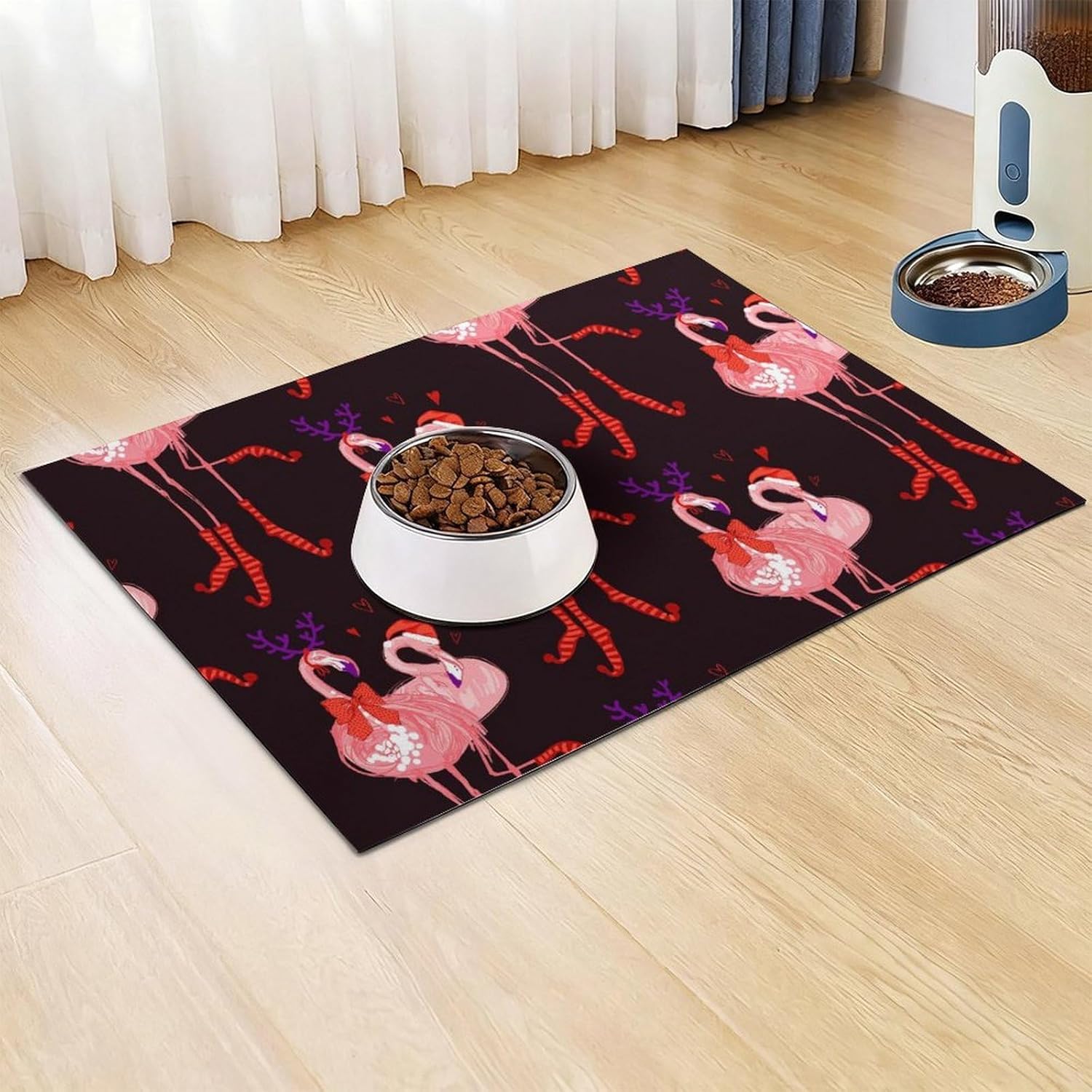 Christmas Santa and Deer Flamingo Pet Cat Dog Food Mat Non Slip Mat Water Bowl Mat Quick Dry Cat Feeding Mat 12x20inch