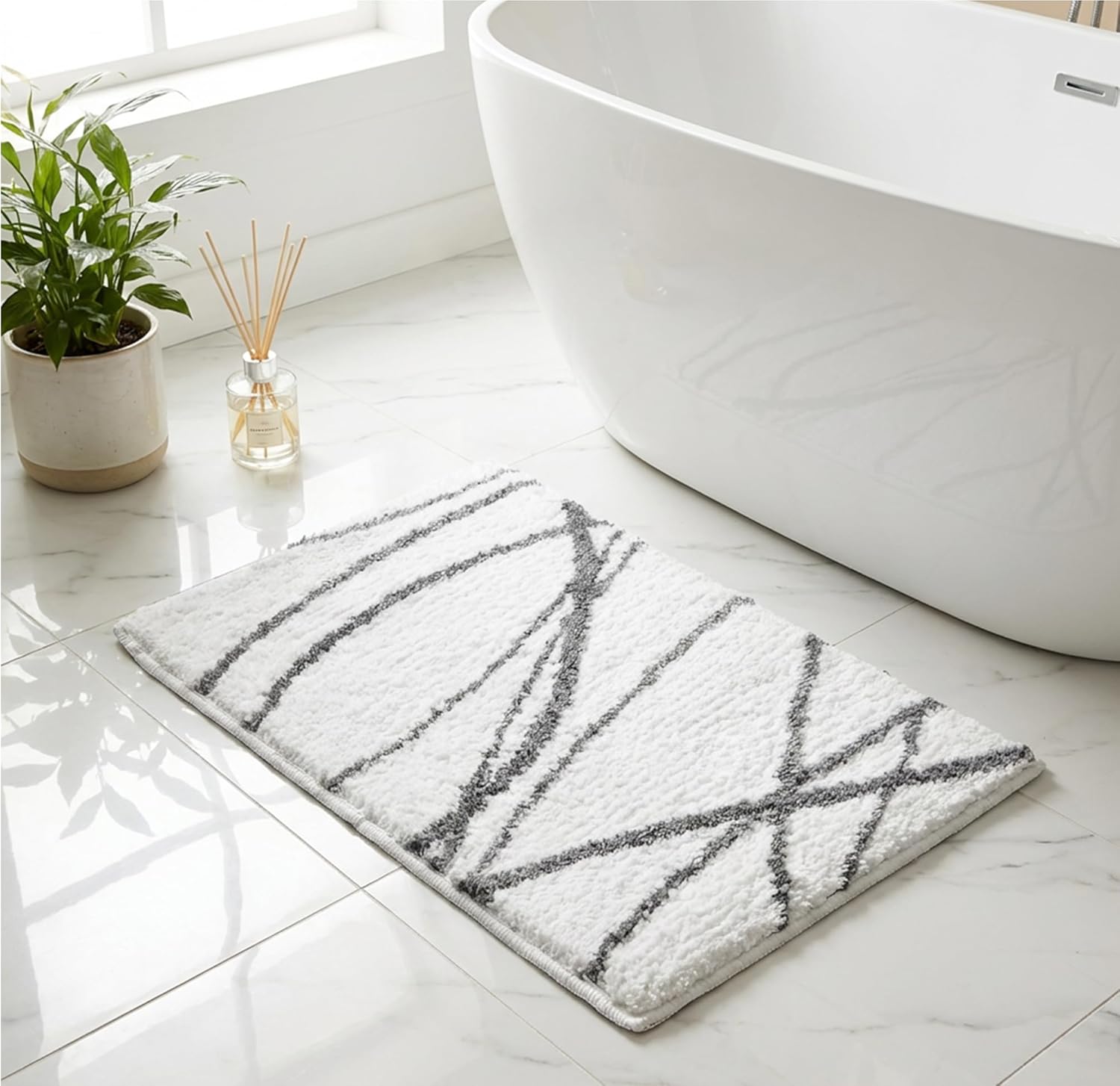 Tititex Luxury White Grey Curve Line Bathroom Rug, 16x24 inch Classic Extra Soft and Absorbent Microfiber Bath Rugs, Non-Slip Plush Shaggy Bath Carpet, Bath Mat for Bathroom, Tub and Shower - Image 2