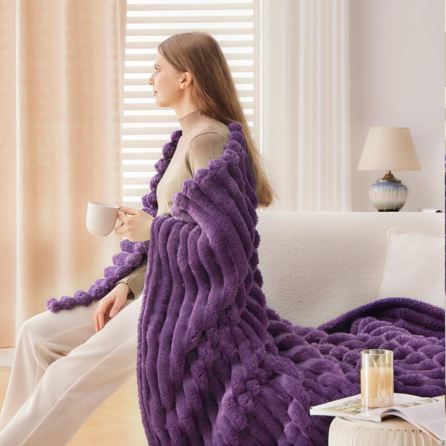 Wajade Fluffy Flannel Blanket Faux Fur Bed Throw Super Soft Warm Large Blanket for Bed Sofa Car Violet 153x203CM - Image 4