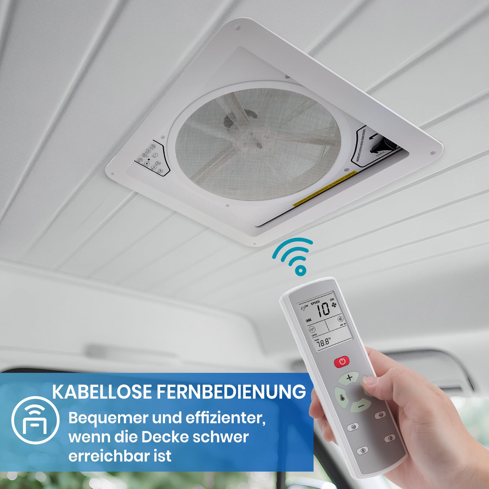 Wohnmobil Dachventilator mit Regensensor & Temperatursteuerung, 10-Stufen Lüfter, Ultra Leise 40 dB, 934 CFM Luftstrom, 36×36 cm Universal Dachhaube mit Fernbedienung & Insektenschutzgitter