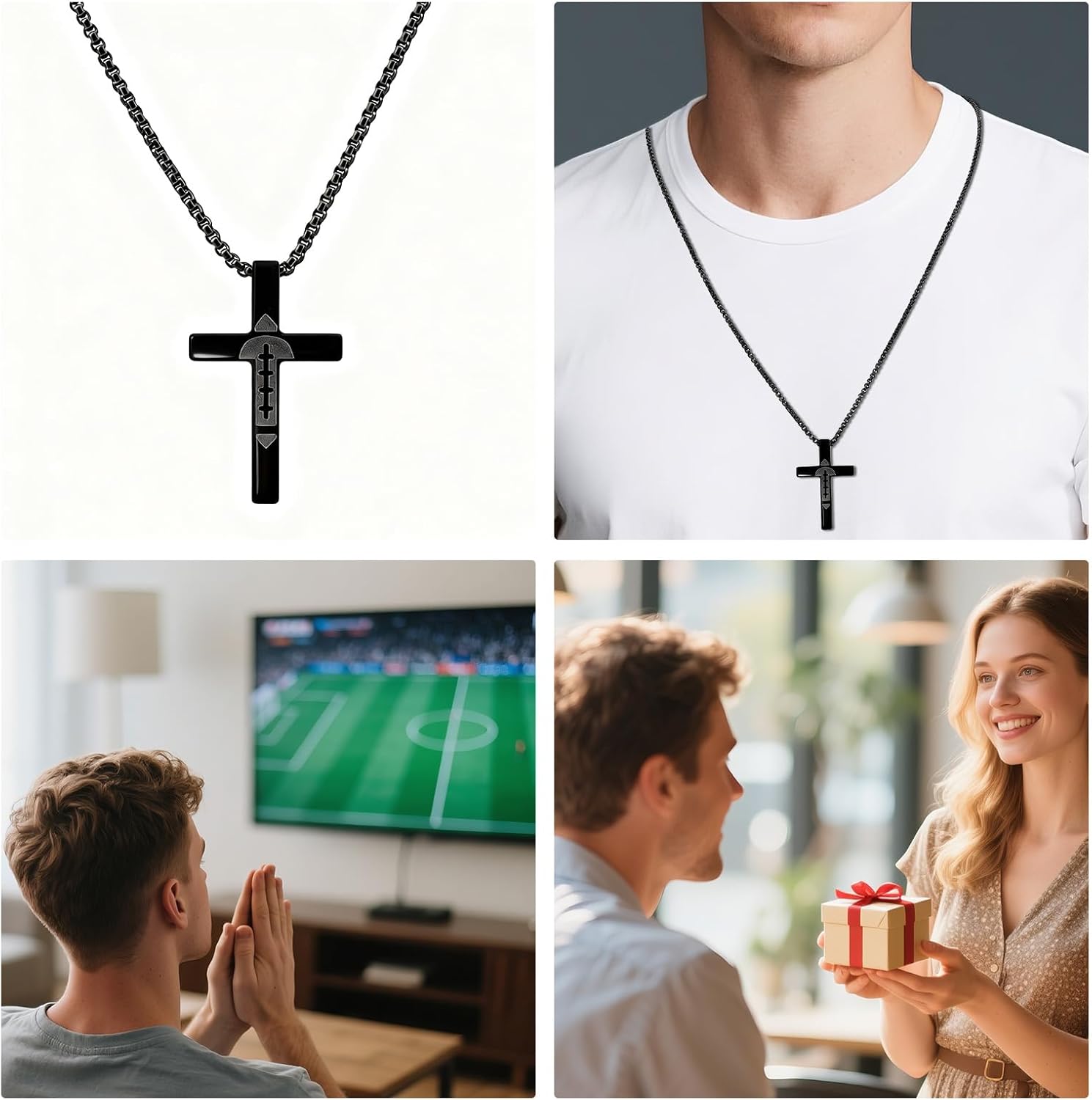 Football Cross Necklace, Stainless Steel Bible Verse Christian Football Cross Chain Necklace Sports Jewelry Accessories Stuff for Men - Image 3