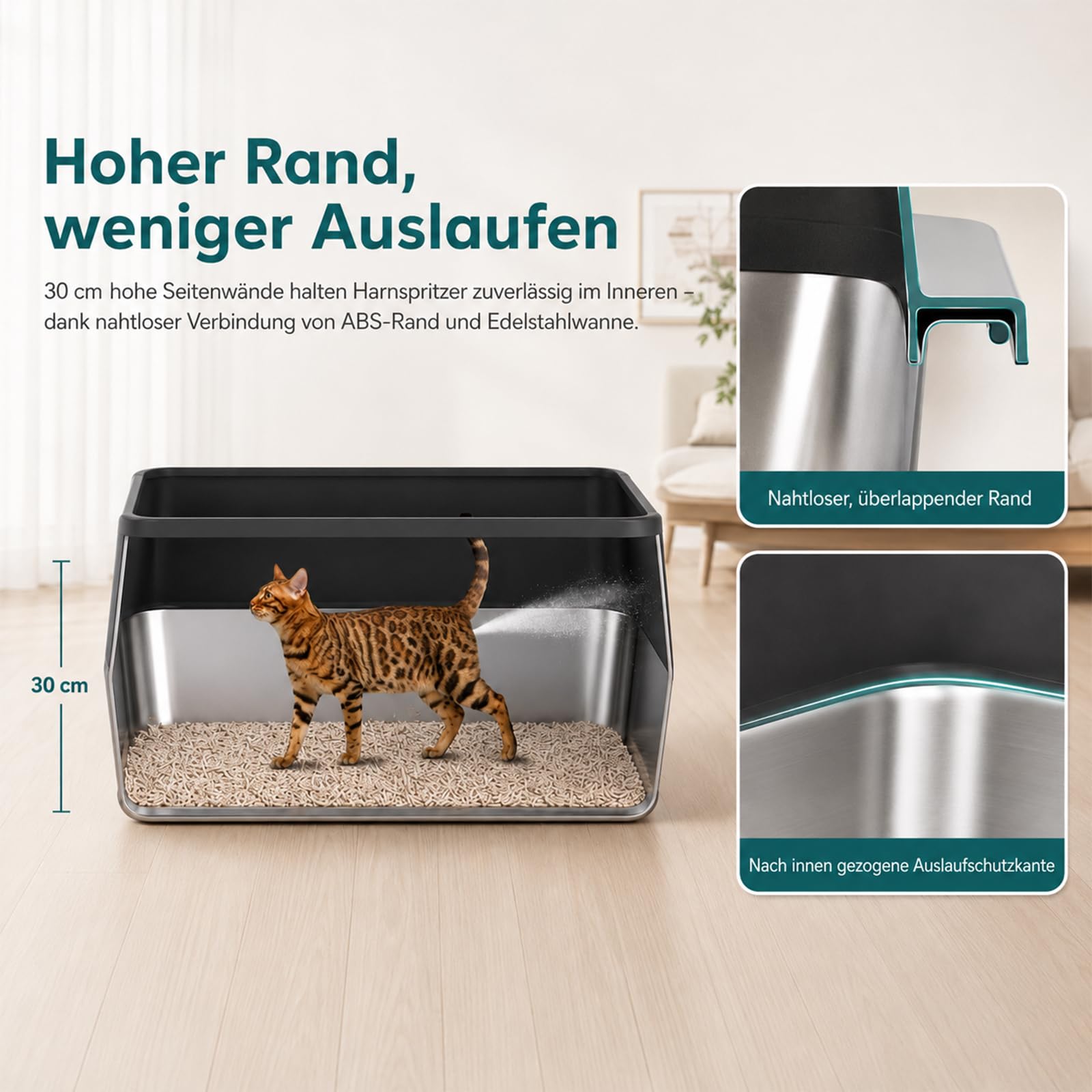 2er Set XXL Katzenklo Edelstahl 60×40×30 cm (37 L) – hoher Rand offene Katzentoilette Edelstahl für große Katzen & Mehrkatzenhaushalte, Metall Katzenklo geruchsfrei, auslaufsicher, inkl. Streuschaufel