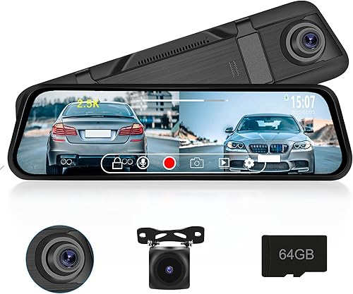 Miniatura 1 de 2.5K Rear View Mirror Camera, 9.66" IPS Touch Screen Mirror Dash Cam Front and Rear, Night Vision, Waterproof Backup Camera with G-Sensor Parking