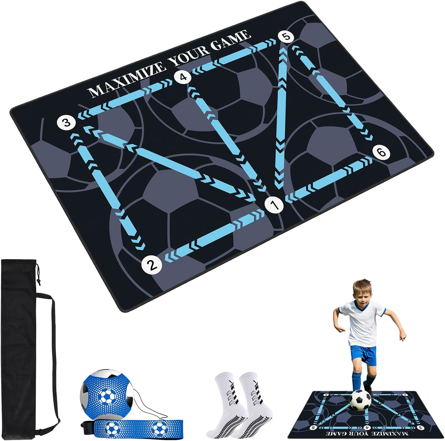 Soccer Training Mat 35 x 24 in, Anti-Slip Silent Footwork Pad with Kick Trainer, Socks & Storage Bag, Improve Agility & Ball Mastery, Indoor Outdoor Football Gear for All Ages
