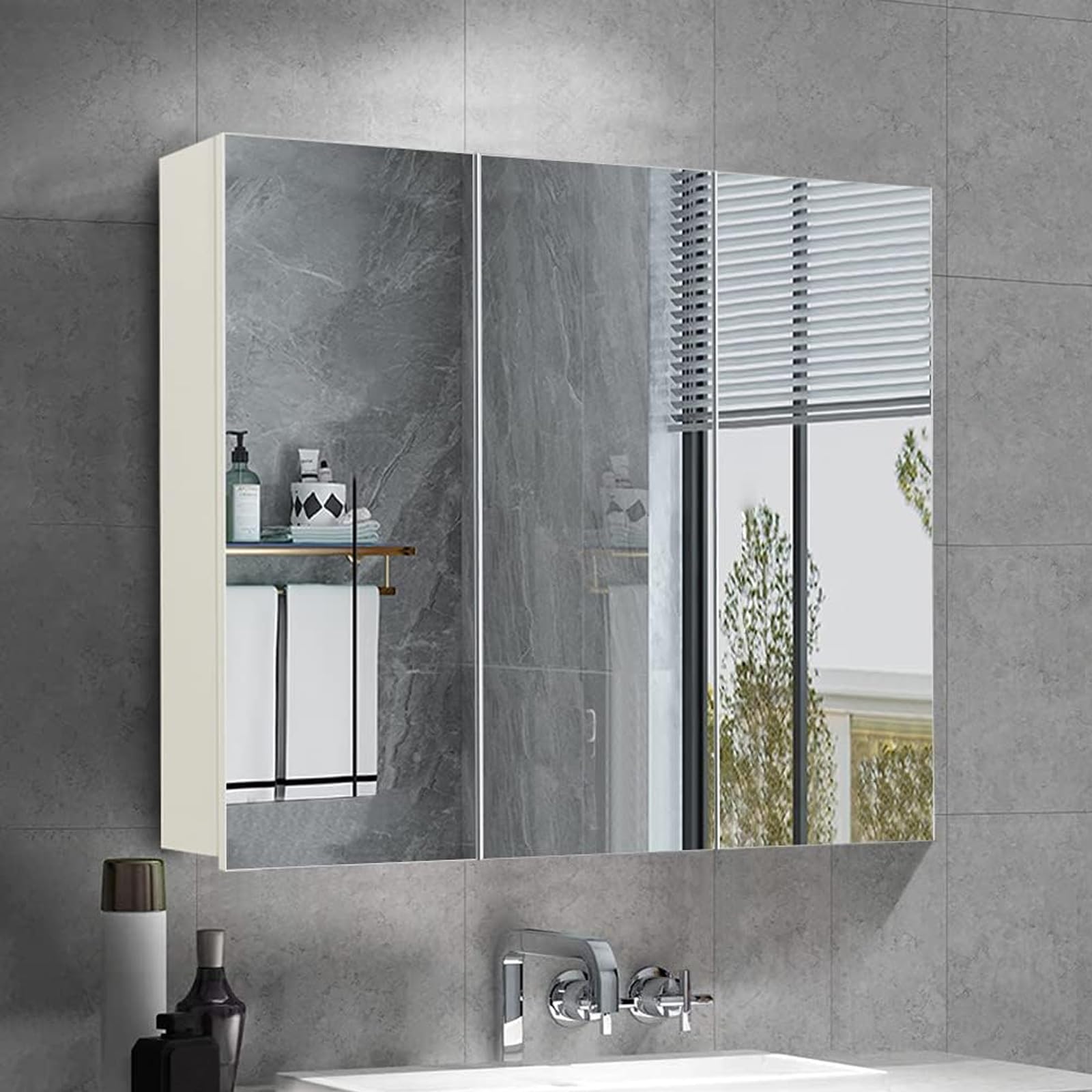 OFCASA Armario de Baño con Espejo 70 * 16 * 63cm, Armario de Pared Espejo Baño con 3 Puertas y Estantes Ajustable Interior Blanco, Mueble para Baño Estilo Moderno